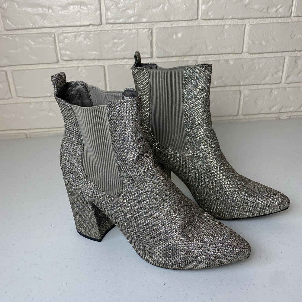 SUGAR Womens Silver‎  Glitter Pewter Mesh Pointed Toe Block Heel Booties Size 9